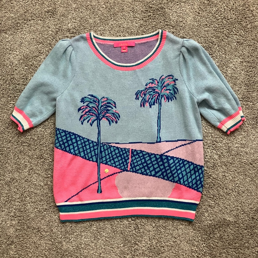 Lilly Pulitzer Pastel Blue, Pink & Navy Palm Print Sweater Top